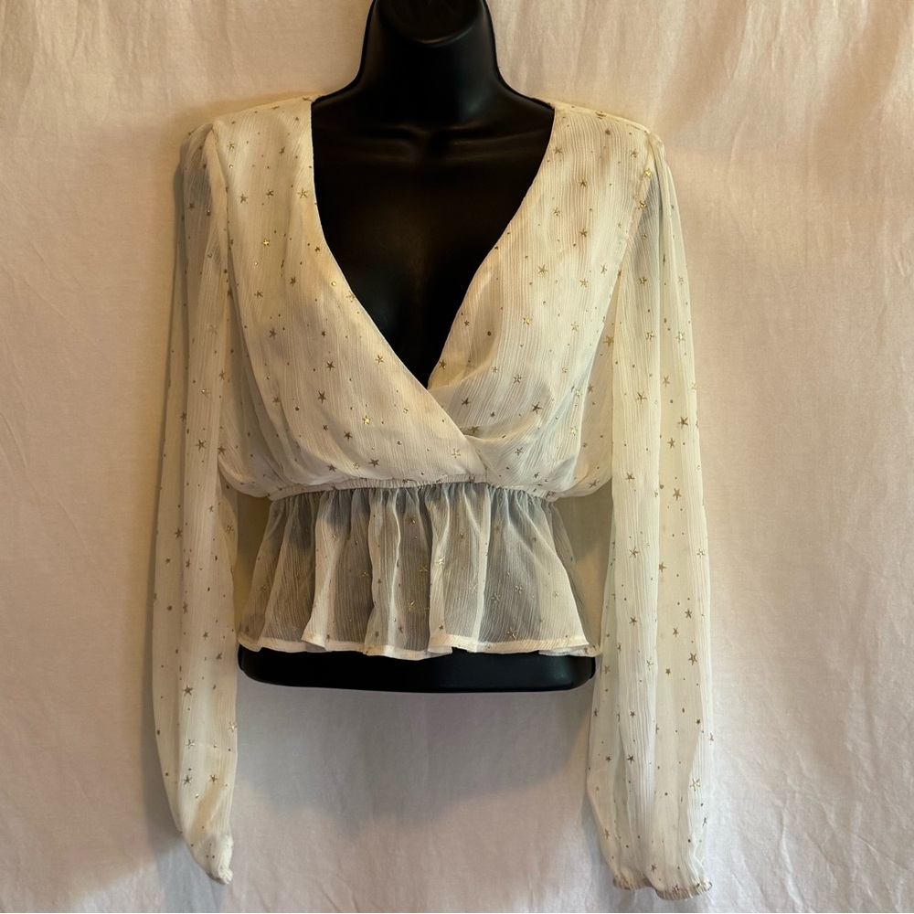 E-125 Wild Honey Cream & Gold Peplum Long Sleeve Lined Cropped Blouse Size M